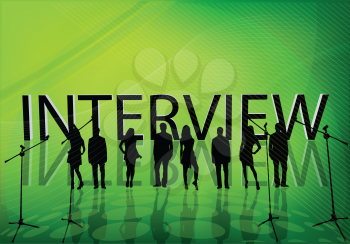 Royalty Free Clipart Image of a Green Background With Silhouettes and the Word Interview