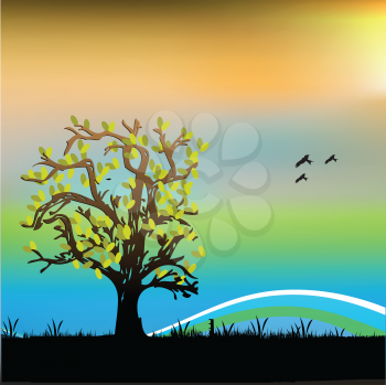 Royalty Free Clipart Image of a Landscape With a Tree and Birds