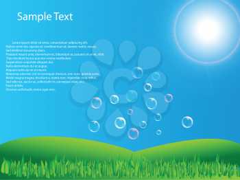 Royalty Free Clipart Image of Blue Sky, Green Grass and Bubbles
