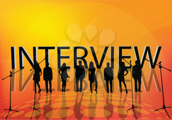 Royalty Free Clipart Image of an Orange Background With Silhouettes and the Word Interview