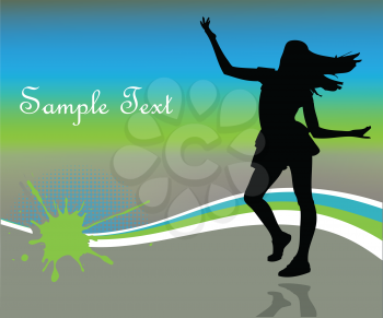 Royalty Free Clipart Image of a Dancing Girl Silhouette on a Blue, Green and Grey Background