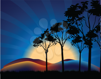 Royalty Free Clipart Image of a Sunset With Deep Blue Sky