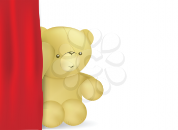 Royalty Free Clipart Image of a Teddy Bear Behind a Curtain 