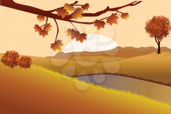 Autumn Illustration Landscape with Lake and hills