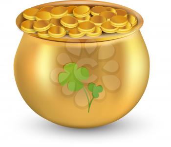 Gold coins pot with clover leaf against white background for St. Patrick's Day. Gradient mesh graphic. 