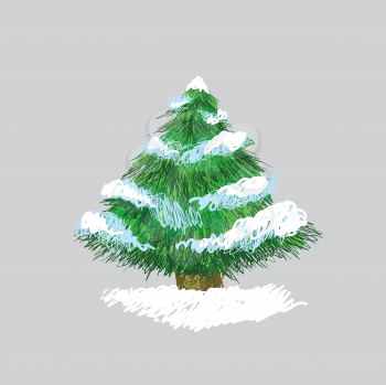 Illustration of hand drawn pine tree with snow, original sketch 