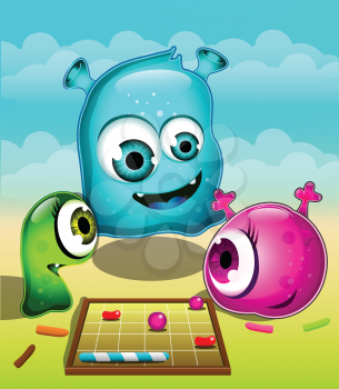 Abstract Illustration of 3 monsters playing a game