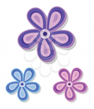 Set of Three Simple Decorative Flowers purple, pink, blue