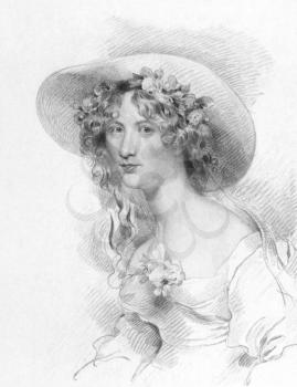 Royalty Free Photo of Anna Maria Porter (1780-1832) on engraving from the 1800s. Poet, novelist and Jane Porter's sister. Engraved by T.Woolnoth after a drawing by G.Harlowe and published in London by