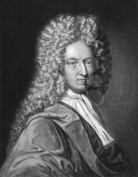 Royalty Free Photo of Daniel Defoe (1659-1731) on engraving from the 1800s. English writer, journalist, and pamphleteer who gained enduring fame for his novel Robinson Crusoe. Engraved by J. Thomson a