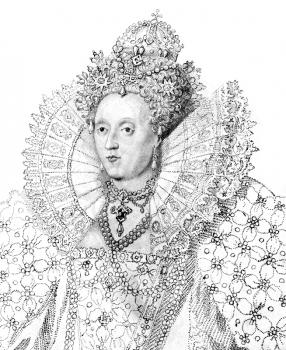 Royalty Free Photo of Elizabeth I (1533-1603) on engraving from the 1800s. Queen of England and Queen of Ireland during 1558-1603. Published in 1814 by James Caulfield.