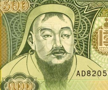 Royalty Free Photo of Genghis Khan (1162-1227) on 500 Tugrik 1997 Banknote from Mongolia. Founder, ruler & emperor of the Mongol Empire which became the largest contiguous empire in history after his 