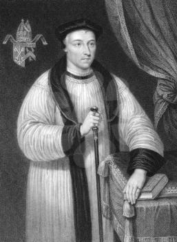Royalty Free Photo of Hugh Oldham (1452-1519) on engraving from the 1800s.  Bishop of Exeter and a notable patron of education. Engraved by W.Holl and published by Fisher, Son & Co, London in 1835.