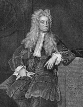 Royalty Free Photo of Isaac Newton (1643-1727) on engraving from the 1800s. One of the most influential scientists in history. Engraved by W.T. Fry and published by the London Printing and Publishing 