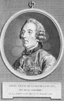 Royalty Free Photo of Louis Cesar de La Baume Le Blanc (1708-1780) on engraving from the 1700s. French nobleman, bibliophile and soldier. Engraved by C.N.Cochin.