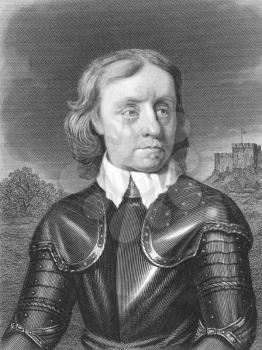 Royalty Free Photo of Oliver Cromwell (1599-1658) on engraving from the 1800s. English military and political leader best known for his involvement in making England into a republican Commonwealth. Pu