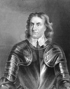 Royalty Free Photo of Oliver Cromwell (1599-1658) on engraving from the 1800s. English military and political leader best known for his involvement in making England into a republican Commonwealth. En