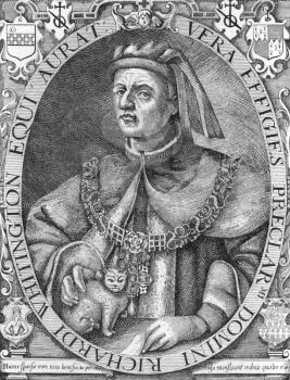 Royalty Free Photo of Richard Whittington (1354-1423) on engraving from the 1800s. Medieval merchant and politician. Engraved by W.L.Thomas from an engraving by Reginald Elstrack.