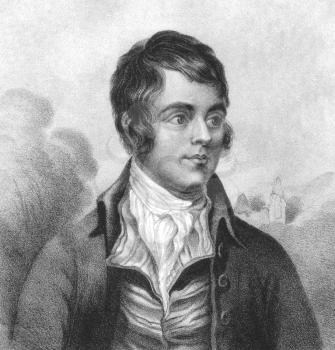 Royalty Free Photo of Robert Burns (1759-1796) on engraving from the 1800s. Scottish poet and lyricist. The national poet of Scotland. 
Engraved by W.Clerk and published by F.Glover Water Lane, Fleet