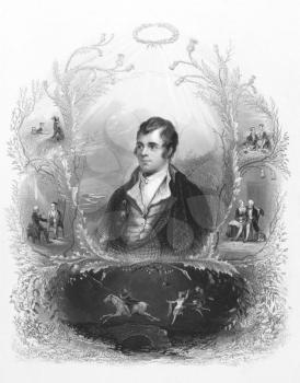 Royalty Free Photo of Robert Burns (1759-1796) on engraving from the 1800s. Scottish poet and lyricist. The national poet of Scotland. 
Engraved by A.H. Payne and published in London by Brain & Payne