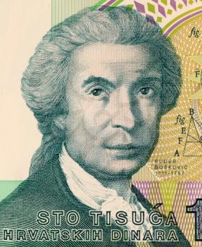 Royalty Free Photo of Roger Joseph Boscovich on 100 Dinar 1991 Banknote from Croatia. Physicist, mathematician, astronomer, philosopher, diplomat, poet, and Jesuit from Ragusa. Famous for his atomic t
