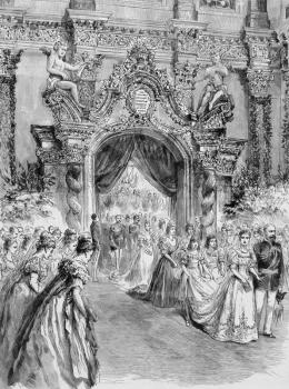 The Bride Entering the Chapel with her Father, the Duke of Coburg. Engraving published by the Graphic in 1894.