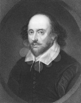 Royalty Free Photo of William Shakespeare (1564-1616) on engraving from the 1800s. English poet and playwright, widely regarded as the greatest writer in the English language. Engraved by E. Scriven a