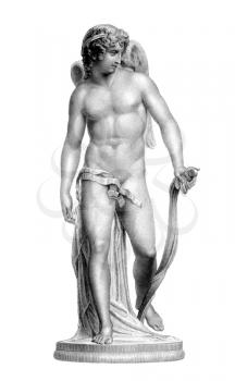 Statue of Cupid on engraving from the 1800s. Roman God of desire, affection and erotic love, that was a copy of Greek God Eros. Engraved by J.Thomson from a statue by R.Westmacott.