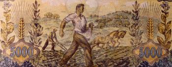 Farmers Sowing and Plowing on 5000 Drachmai 1942 Banknote from Greece.