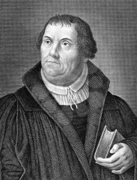 Martin Luther (1483-1546) on engraving from 1859. German monk, priest, professor of theology and iconic figure of the Protestant Reformation. Engraved by Nordheim and published in Meyers Konversations