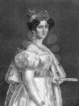 Therese of Saxe-Hildburghausen (1792-1854) on engraving from 1859. Queen of Bavaria. Engraved by G.Barth and published in Meyers Konversations-Lexikon, Germany,1859.