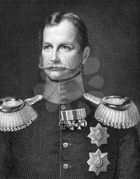 William I, German Emperor (1797-1888) on engraving from 1859. King of Prussia during 1861–1888 and the first German Emperor 1871–1888. Engraved by A.Weger and published in Meyers Konversations-Lex
