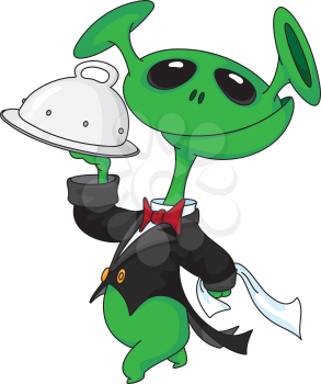 Royalty Free Clipart Image of an Alien With a Tray