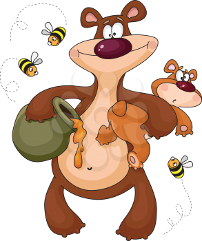 Royalty Free Clipart Image of a Bear and Cub Stealing Honey