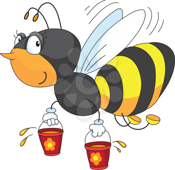 Royalty Free Clipart Image of a Bee With Honey Pots