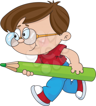 Royalty Free Clipart Image of a Boy With a Green Pencil
