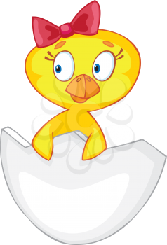 Royalty Free Clipart Image of a Chicken in an Eggshell Wearing a Ribbon