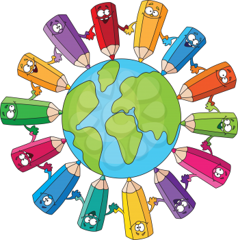 Royalty Free Clipart Image of a Pencils Holding Hands Around the Earth