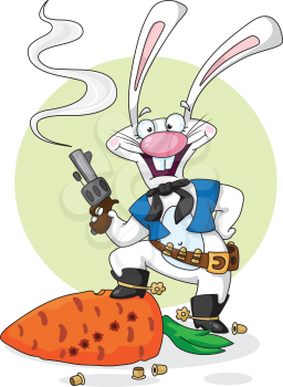 Royalty Free Clipart Image of a Cowboy Rabbit With a Smoking Gun and His Foot on a Carrot