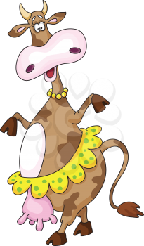 Royalty Free Clipart Image of a Cow With a Necklace and Skirt