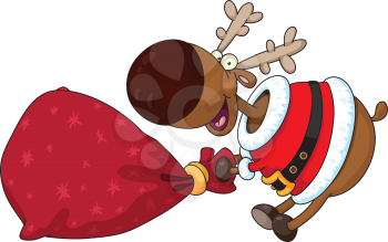 Royalty Free Clipart Image of a Deer in a Santa Suit With a Red Sack