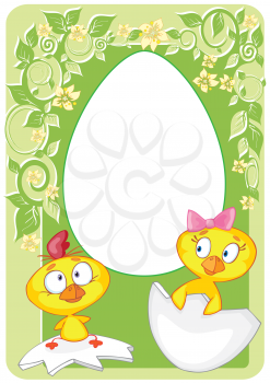Royalty Free Clipart Image of Two Little Chickens Sitting on an Eggshell