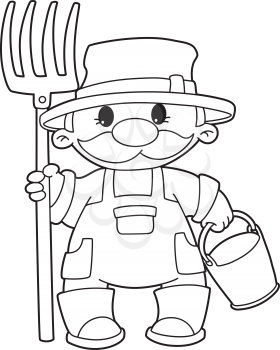Royalty Free Clipart Image of a Farmer With a Bucket and Pitchfork