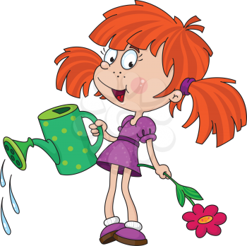 Royalty Free Clipart Image of a Girl With a Watering Can and Flowers