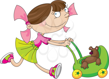 Royalty Free Clipart Image of a Girl Pushing a Doll Buggy