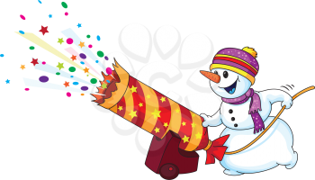 Royalty Free Clipart Image of a Snowman Shooting a Cannon Rocket
