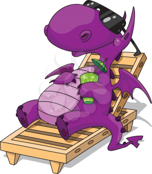 Royalty Free Clipart Image of a Dragon on Vacation on a Lounger