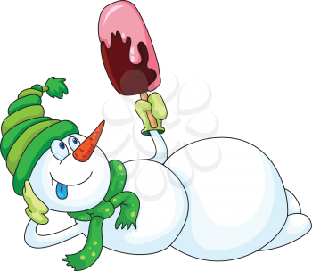 Royalty Free Clipart Image of a Snowman With an Ice-Cream Treat