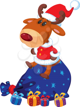 illustration of a deer Santa with bag and gifts