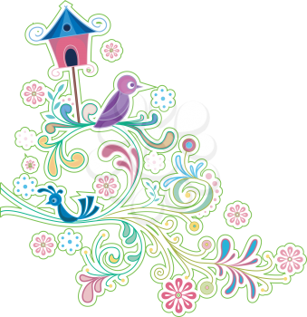 Royalty Free Clipart Image of a Frame With Vines, Birds and a Birdhouse